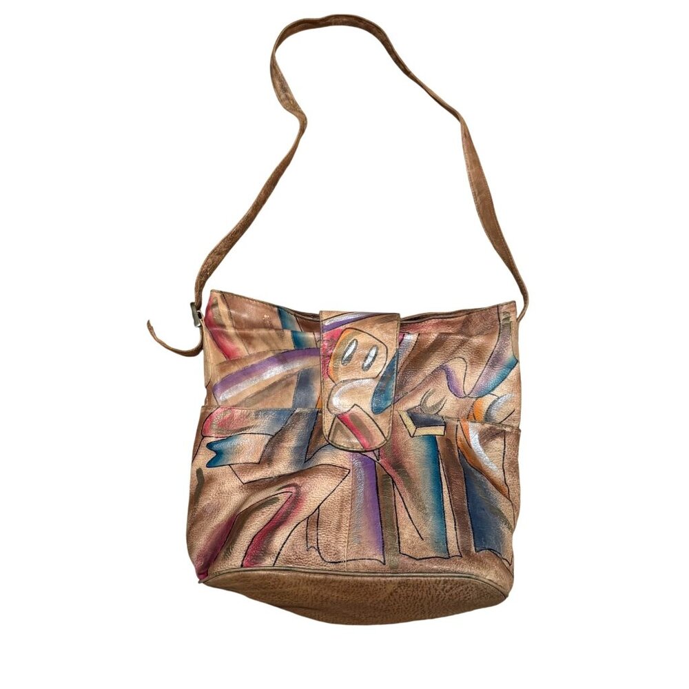 Sam Sam Women's Crossbody Shoulder Bag Hand Painted Brown Leather Vintage Travel